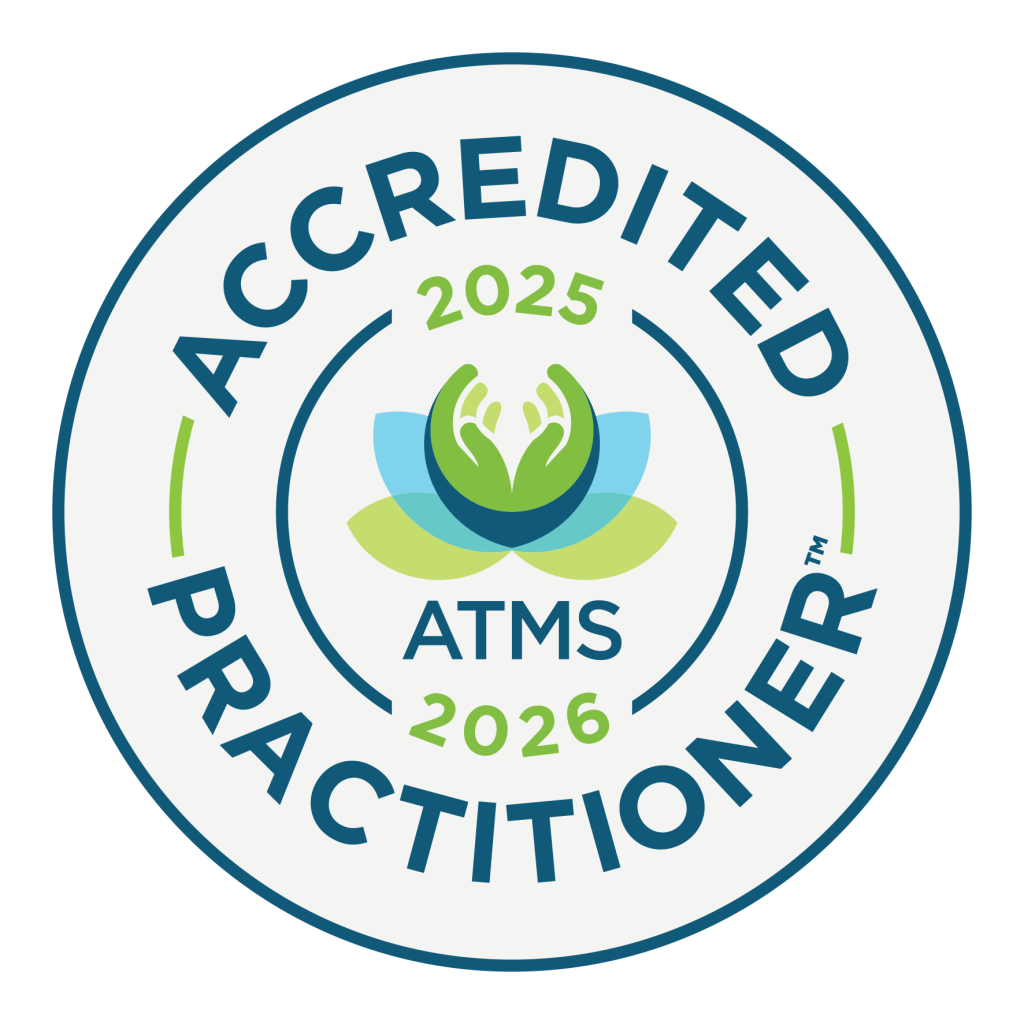 Official badge for Accredited Practitioner 2025-2026 ATMS, featuring a green and blue logo with hands and a lotus flower.